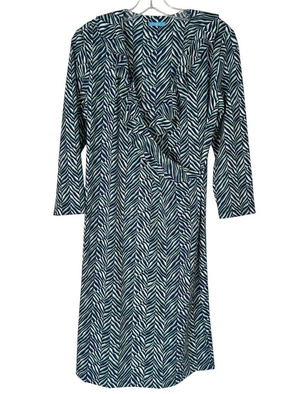 J. McLaughlin Women Blue Green  Ruffle V-Neck Wrap Front Dress Catalina Cloth M